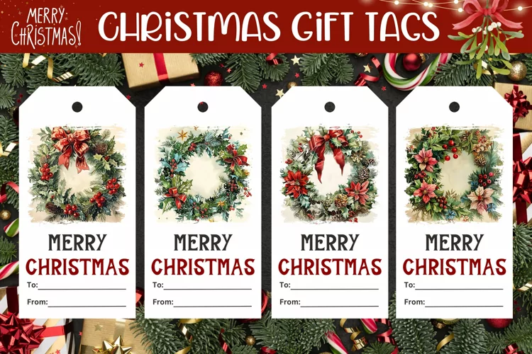 Watercolor Christmas Wreath Gift Tags, Winter Gift Tags