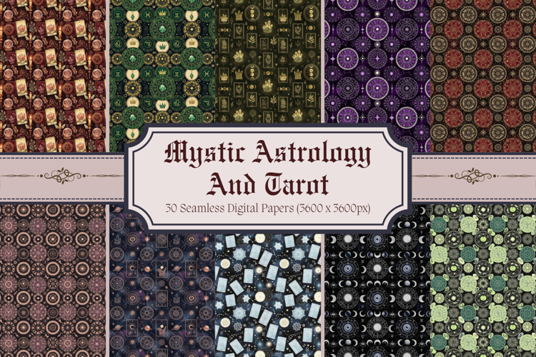Mystic Astrology & Tarot Digital Paper,Gold Zodiac Pattern example image 1