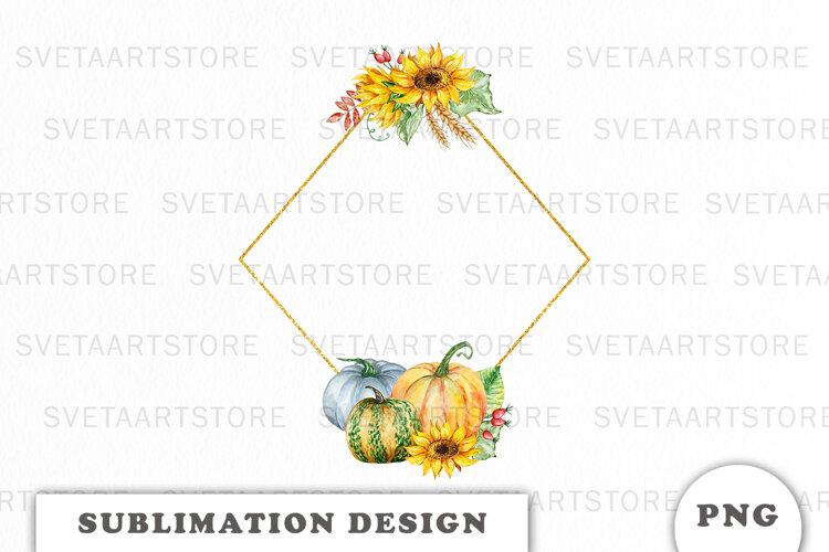 Watercolor Autumn Pumpkins Gold Frame png example image 1