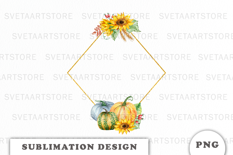 Watercolor Autumn Pumpkins Gold Frame png