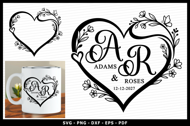 Wedding Floral Love Heart Monogram SVG, Heart Flower Frame