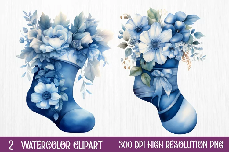 Blue Christmas Watercolor Clipart Sublimation