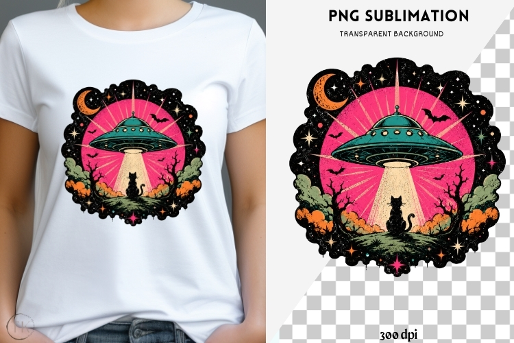 UFO black cat png design for T-shirt