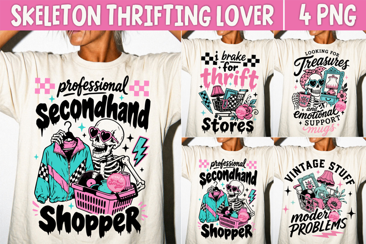 Thrifting Skeleton PNG, Funny Thrift Store Lover Retro