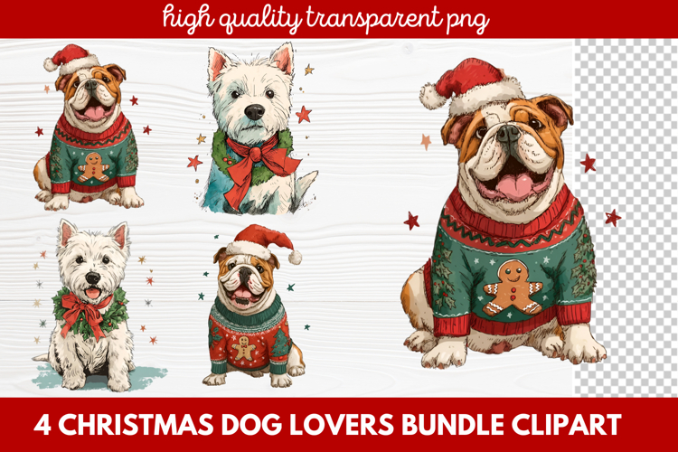 4 Christmas Dog Lovers Clipart | Festive Holiday Puppy PNG