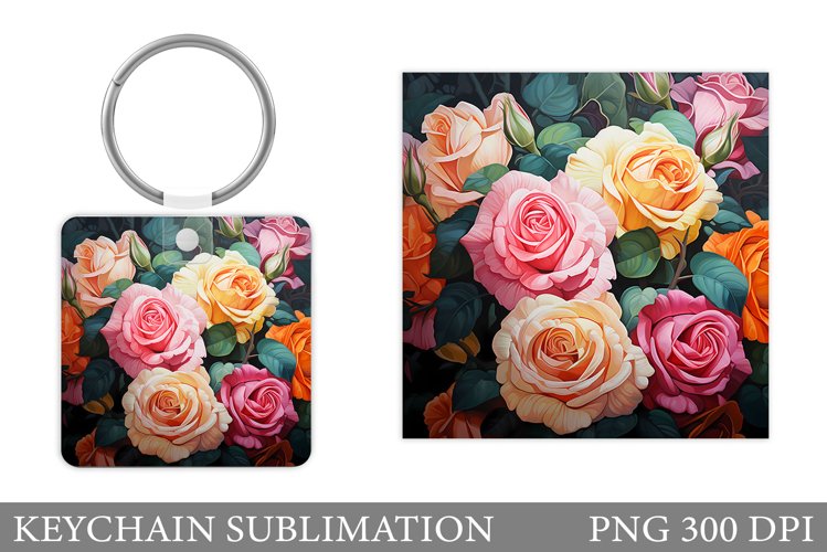 Roses Keychain Sublimation. Flowers Square Keychain Design