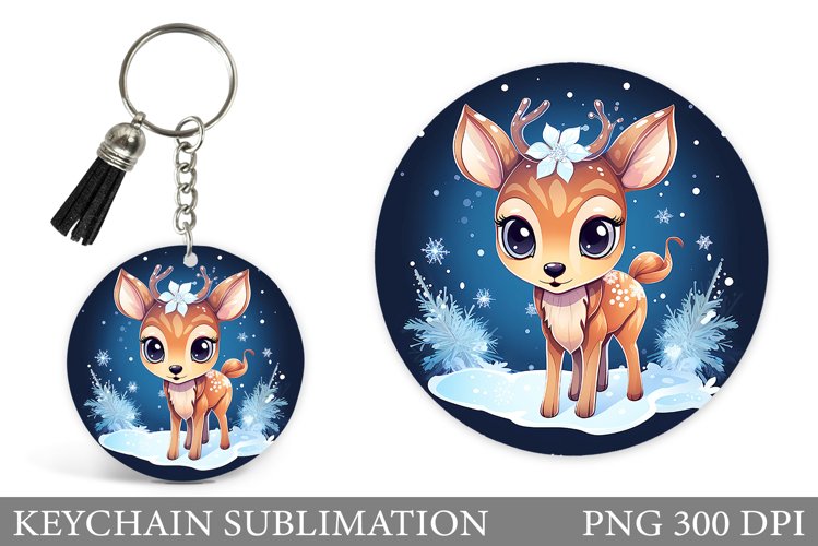 Winter Deer Keychain Design. Cute Deer Keychain Sublimation