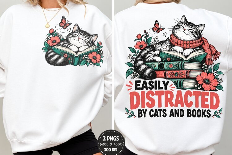 Cat Book Lover Front Back Shirt PNG, Reading Cats Front Back example image 1
