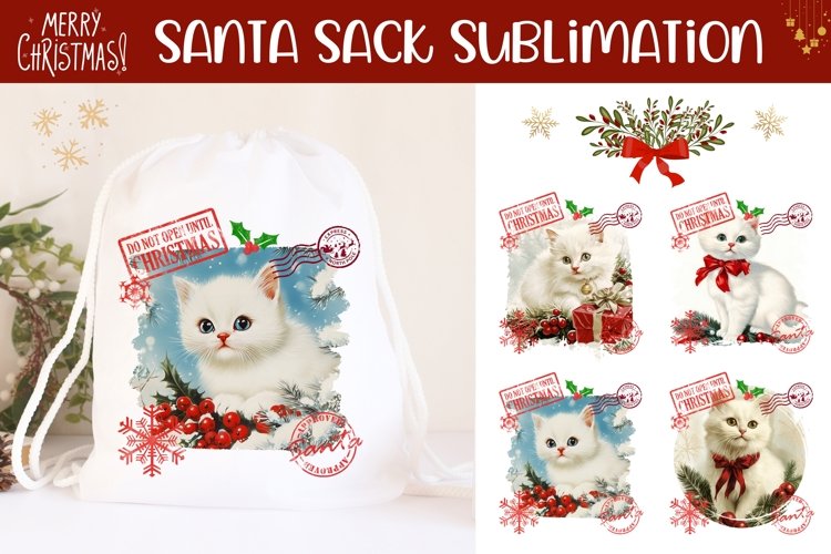 Vintage Cat Santa Sack Designs, Christmas Gift Bag Design example image 1