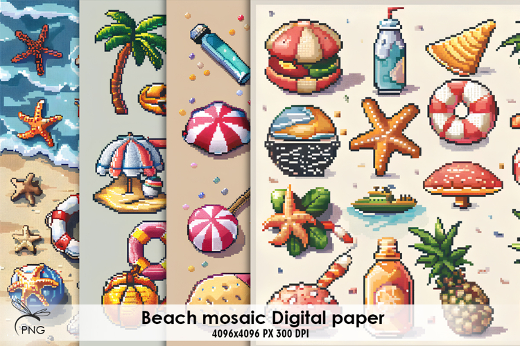 Beach mosaic digital paper, background clipart example image 1