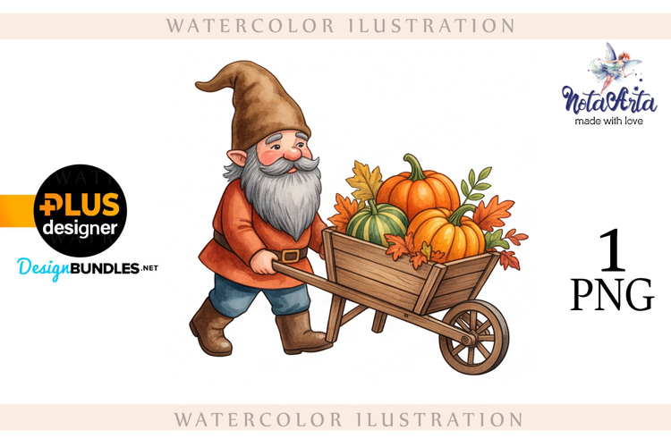 Gnomes with Pumpkin Harvest in Watercolor Style