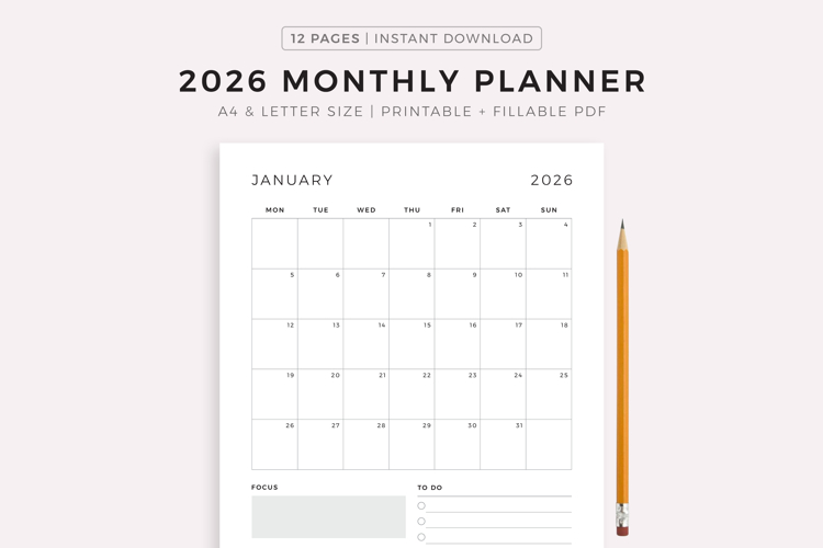2026 Monthly Planner, Printable & Fillable, A4/Letter Size