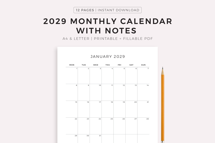 2029 Monthly Calendar with Notes, Printable, A4/Letter Size
