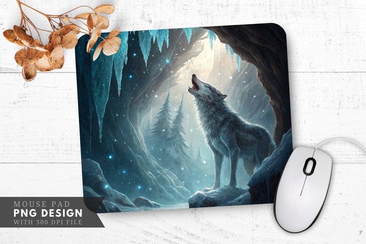 Frosted Howl A Wolf in an Ice Cave Forest Mouse Pad PNG