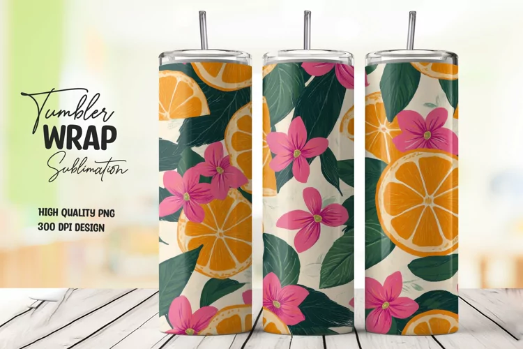 Orange with Leaves and Flowers Tumbler Wrap Sublimation