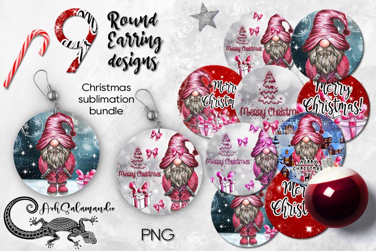 Christmas Earring | Round earrings sublimation bundle, PNG example image 1