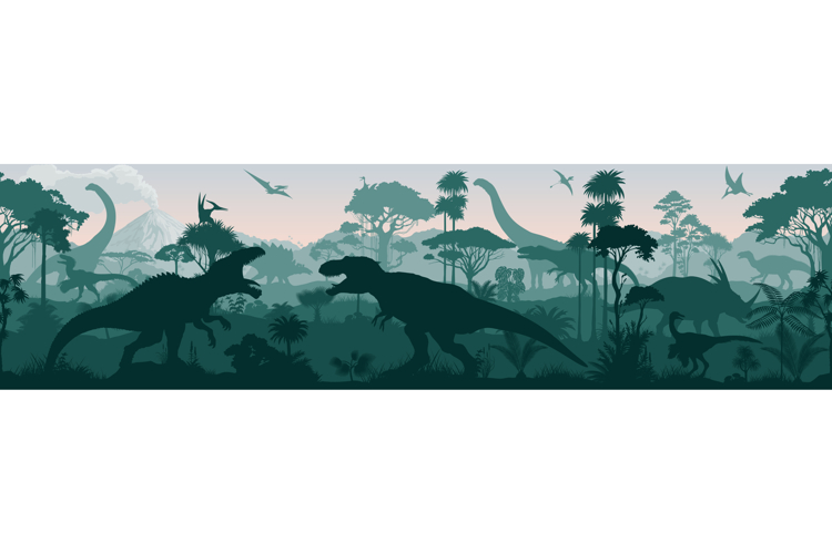 Seamless vector tropical forest jungle with dinosaurs