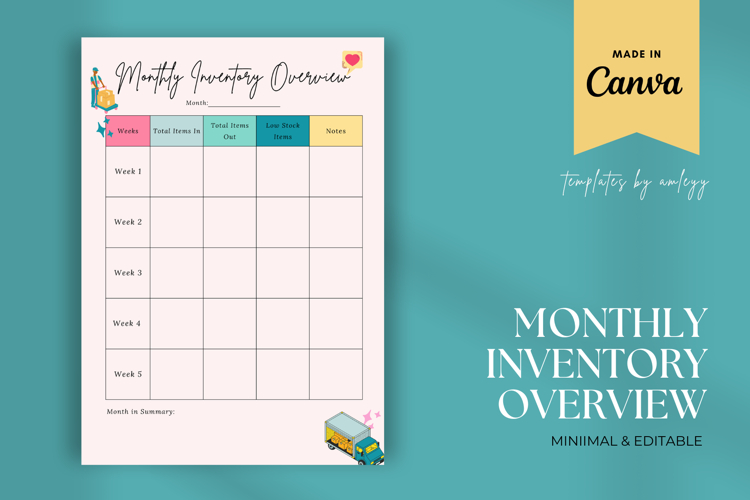 Aesthetic Monthly Inventory Overview Planner Template | Canv