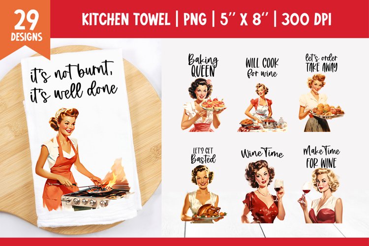 Vintage Retro Pin up Woman Kitchen Towel Sublimation Bundle