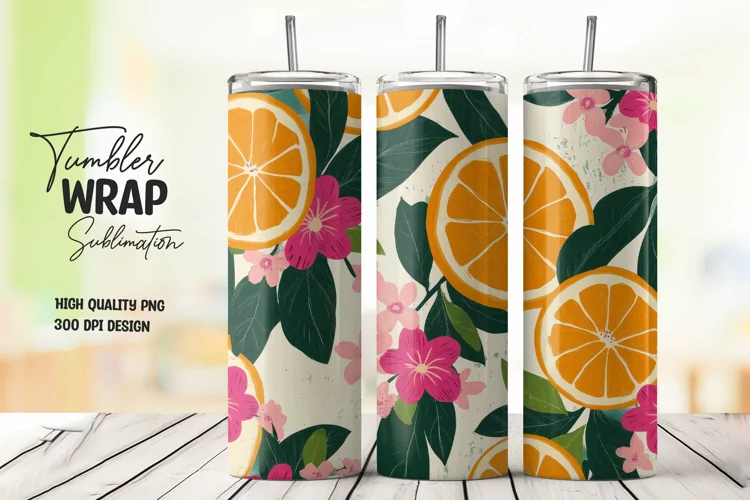 Orange with Leaves and Flowers Tumbler Wrap Sublimation
