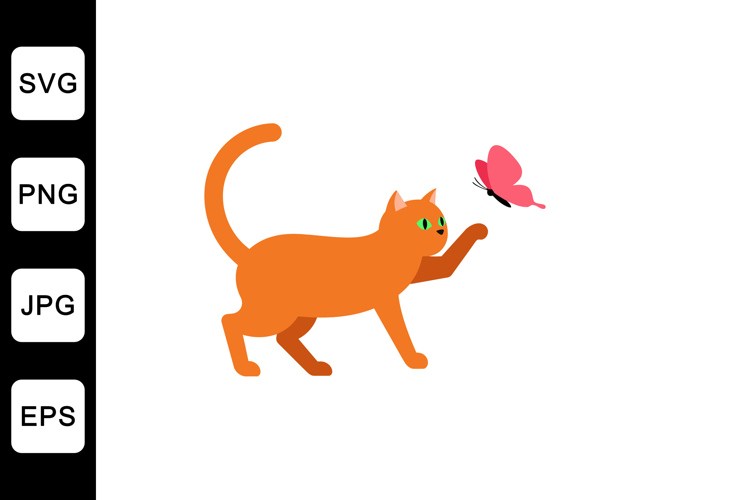 Orange cat reaching for a pink butterfly in flat vector art