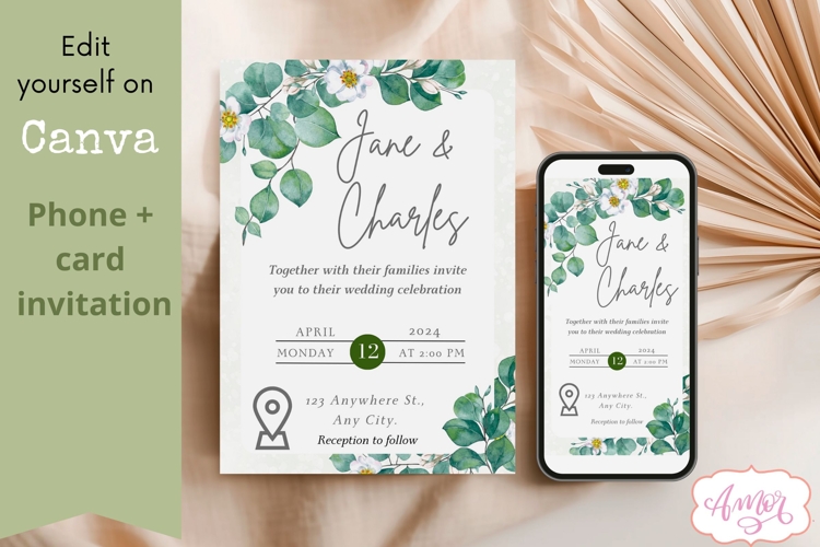 Smartphone and Card Wedding Invitation Canva Template