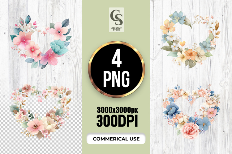 Watercolor Floral Heart Wreath Clipart Sublimation PNG