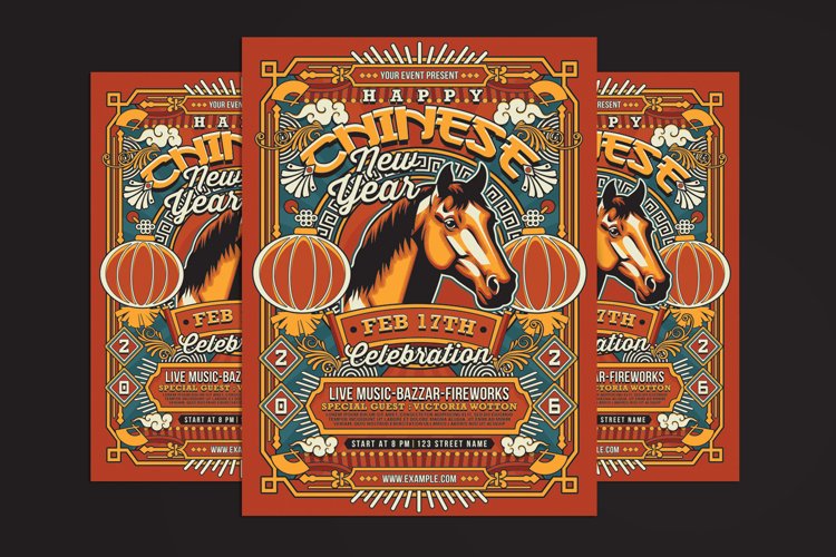 Red Chinese New Year Year Of The Horse Retro Flyer