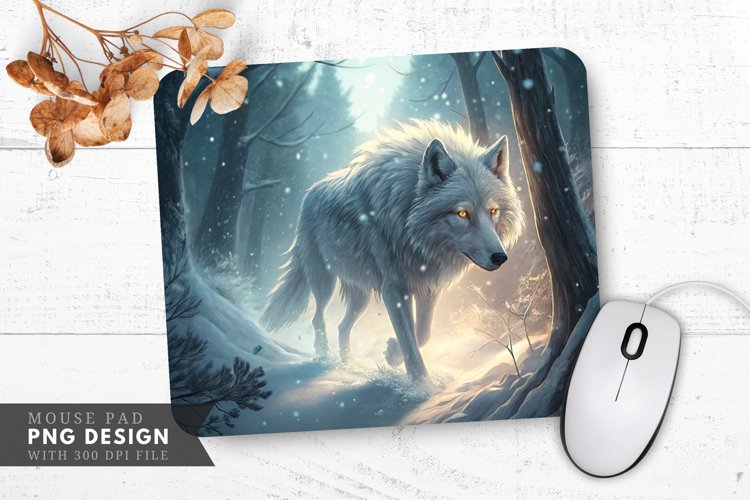 Enchanted Snowy Forest Wolf Mouse Pad PNG Design