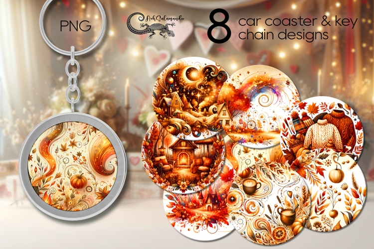 Golden Autumn | 8 Fall Car coaster & key chain designs, PNG