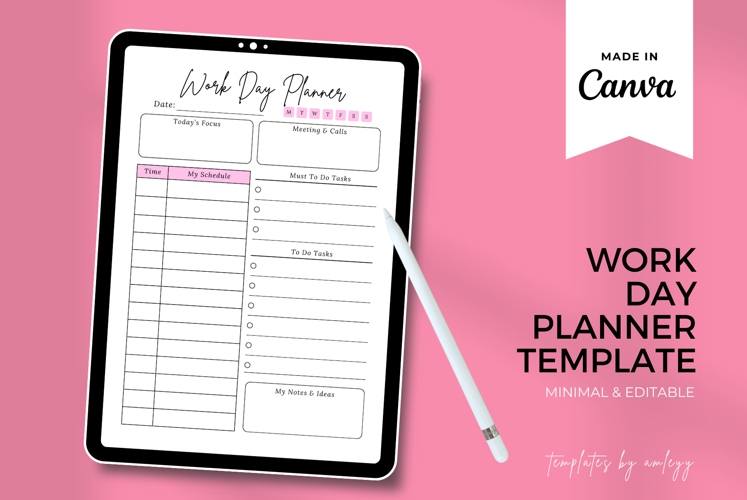 Minimalist Work Day Planner Template for Canva Daily Product