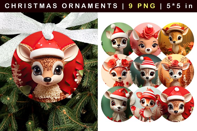 9 Deer Christmas Ornaments Sublimation Bundle