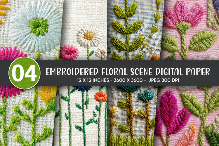 Embroidered Floral Scene Digital Paper