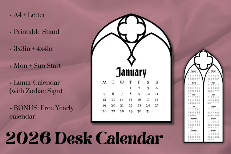 2026 Printable Desk Calendar - Gothic example image 1