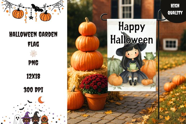Witch Garden Flag Design, Watercolor Halloween Garden Flag