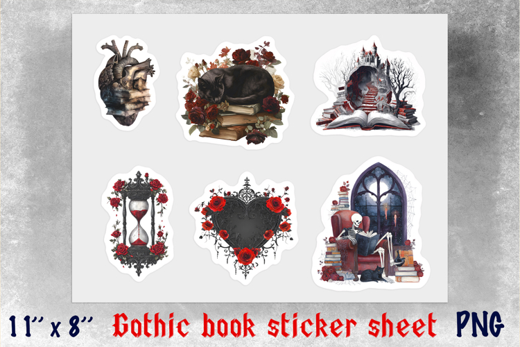 Gothic floral stickers Book lover stickers Heart Skeleton