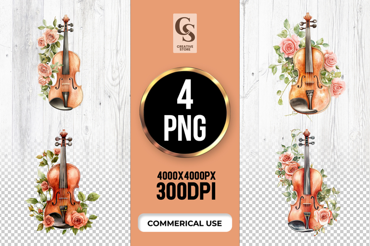 Vintage Violin Floral Clipart Sublimation PNG