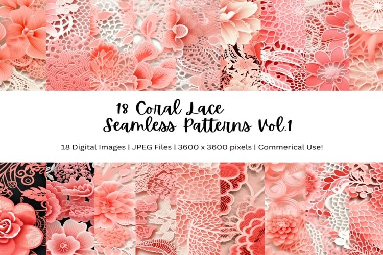 18 Coral Lace Seamless Background Patterns - 300DPI