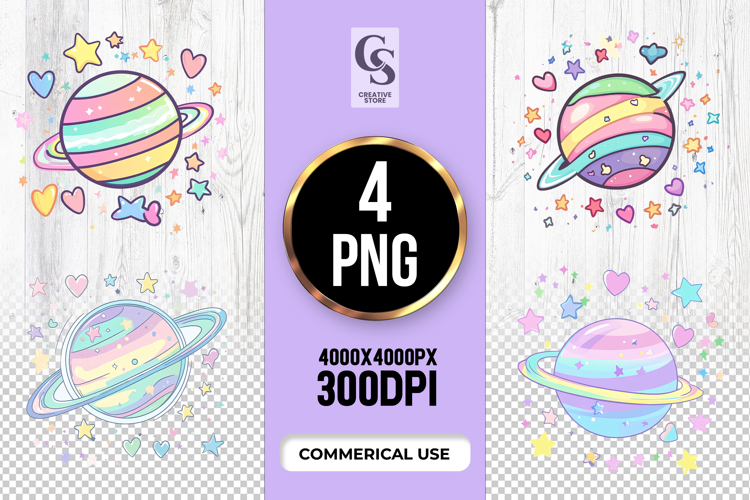 Kawaii Pastel Planet Stars Clipart PNG