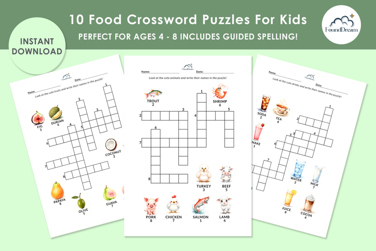 PreSchool 10 Food Crossword Activity Pages for Kids