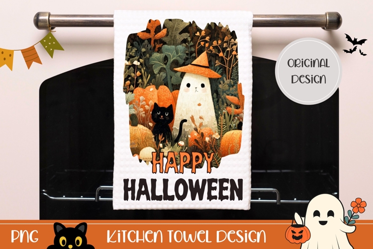 Cartoon Halloween Ghost Towel, Halloween Black Cat PNG