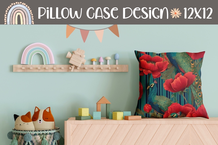 Poppy Pillow Case Design, Peacock Pillow Sublimation