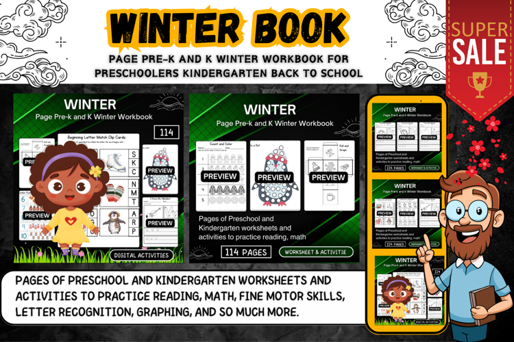 Page Pre-k and K Winter Workbook activities worksheet