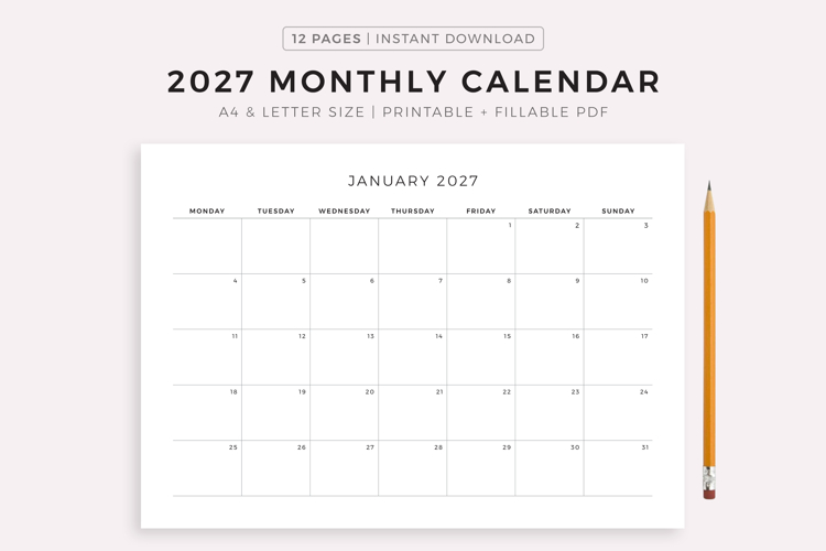 2027 Monthly Calendar Landscape, Printable, A4/Letter Size