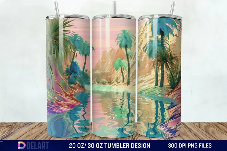 3D Tranquil Desert Oasis Stained Glass Tumbler Wrap