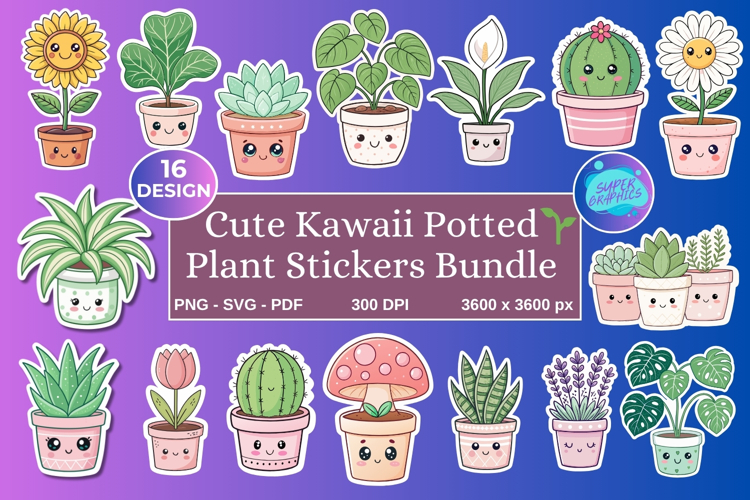 Kawaii Potted Plant Stickers | Cute SVG PNG PDF Bundle
