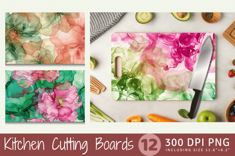 Pink & Green Alcohol Ink Flowers Cutting Boards sublimation