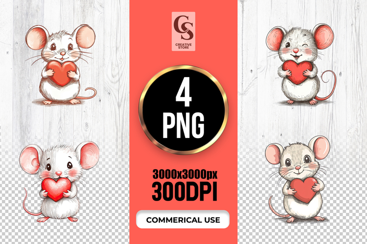 Cute Mouse Holding Heart Clipart Sublimation PNG