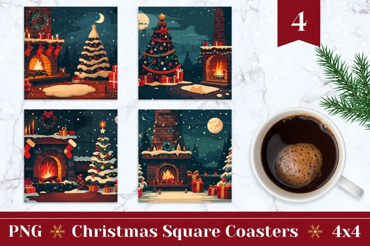 Cozy Christmas Square Coasters, Fireplace Square Coaster PNG