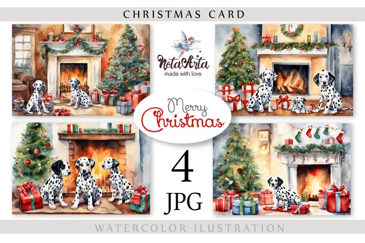 Watercolor cards with Dalmatians for Christmas. Puppies example image 1